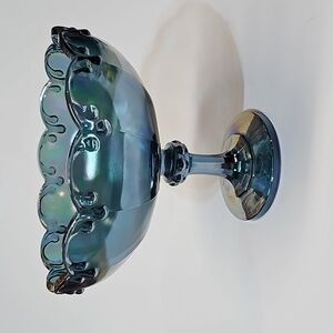Indiana Carnival Glass Blue Teardrop Drip Iridescent Pedestal Bowl